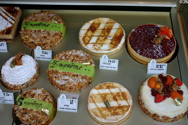 Cakes in bakery window. Besançon, France.