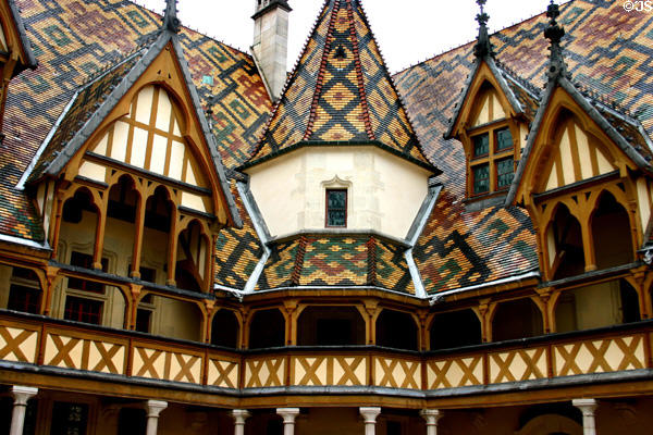 Octagonal tower in courtyard of Hotel Dieu. Beaune, France.