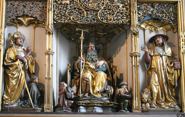 Carvings of St Augustine + donor (left), St Anthony (+ 2 gift givers), & St Jerome (rt) on Isenheim Altarpiece by Matthius Grünewald in Unterlinden Museum. Colmar, France.