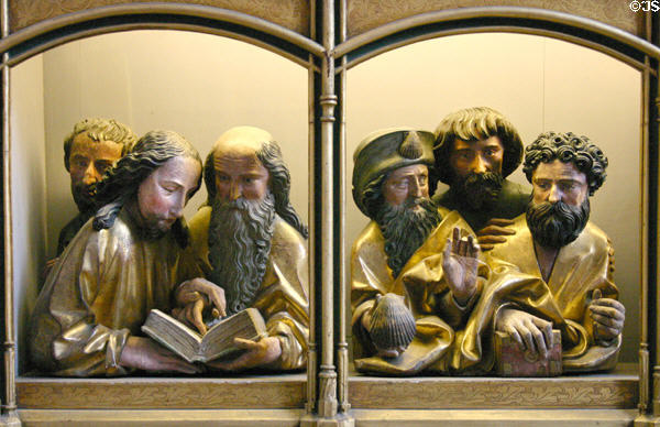 Carvings of Christ & 11 Apostles (detail of left section) on Isenheim Altarpiece by Matthius Grünewald in Unterlinden Museum. Colmar, France.
