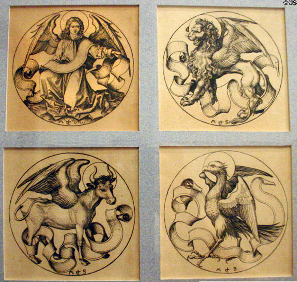 Medieval engraving of Evangelists Mathew, Mark, Luke & John in Unterlinden Museum. Colmar, France.