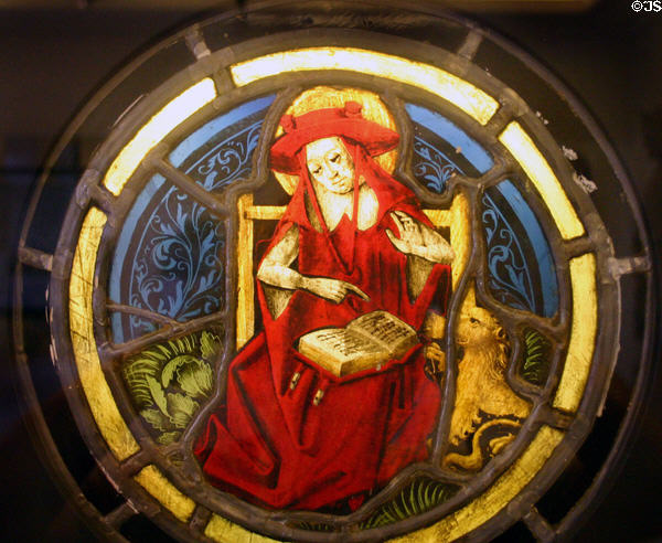 Stained glass window of St Jerome in Unterlinden Museum. Colmar, France.