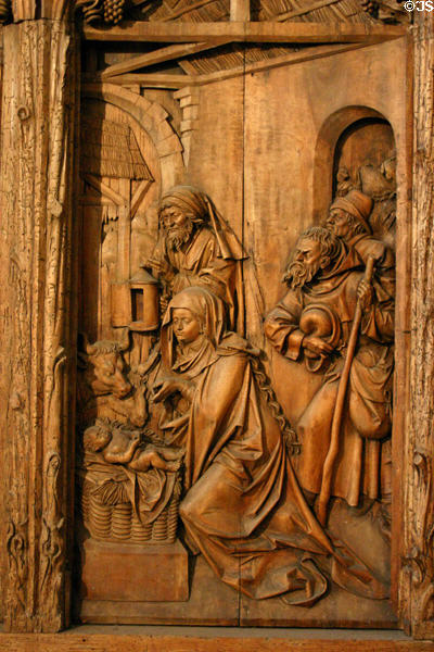 Wooden relief Nativity with shepherds (c1510) by Veit Wagner from altar of Bergheim in Unterlinden Museum. Colmar, France.