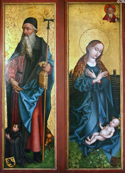 Painted Virgin & child with St Anthony the Great (c1470) by Martin Schongauer from altar of Orlier in Unterlinden Museum. Colmar, France.