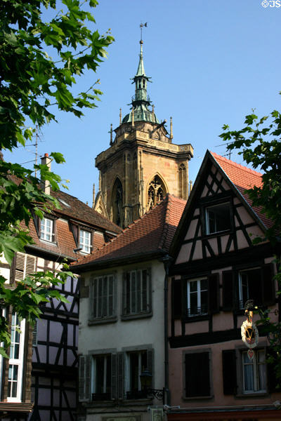 Half-timbered houses & tower of St. Martin church. Colmar, France.
