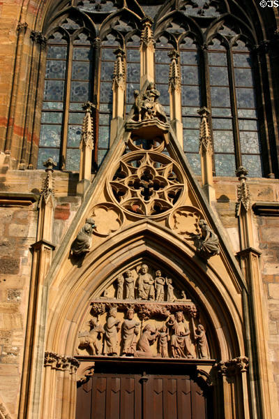 Portal & Last Judgement over Nativity tympanum of St. Martin church. Colmar, France.