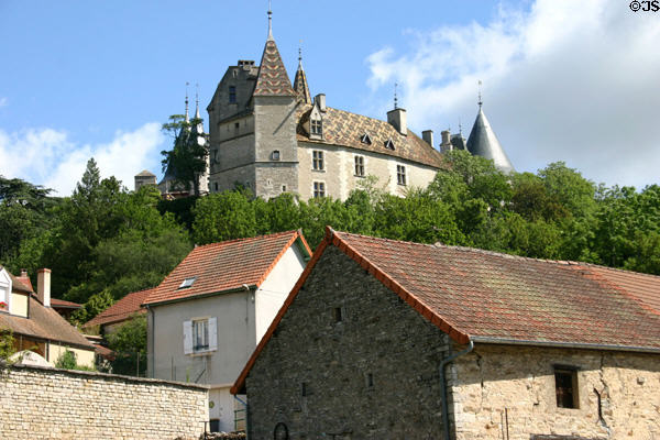 La Rochepot chateau (12th & 15th c) on hill above town in Burgundy Wine Region. La Rochepot, France.