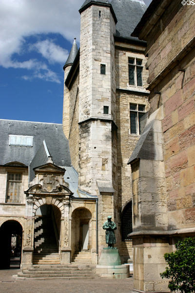 Bellegarde Staircase (17th c) & Bar Tower (14th c) built by Philippe-le-Bon & used as a prison in Palace of Dukes. Dijon, France.