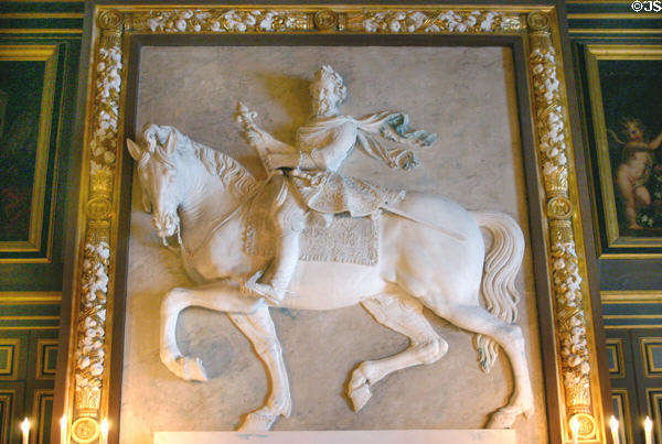 Equestrian relief (c1600) of Henri IV by Mathieu Jacquet in St. Louis bedroom at Fontainbleau Palace. Fontainbleau, France.