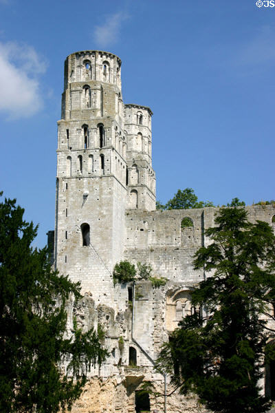 Notre Dame church towers (46m high) square with octagonal summits. Jumièges, France.