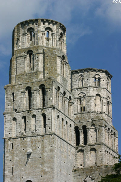 Twin towers with square bases & octagonal tops of Jumièges Abbey church. Jumièges, France.