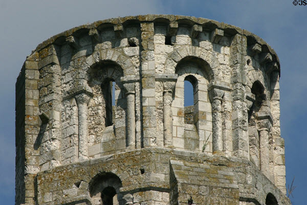 Detail of octagonal top of Abbey of Jumièges tower. Jumièges, France.