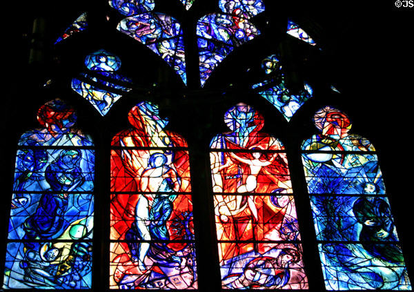 Red & blue series of four stained-glass windows (1960) by Marc Chagall in Cathedral. Metz, France.