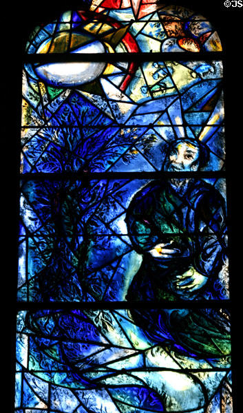 Detail of kneeling man from stained-glass (rb4) by Marc Chagall in Cathedral. Metz, France.
