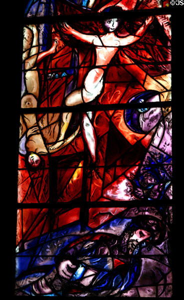 Detail of floating woman & bearded man from stained-glass (rb3) by Marc Chagall in Cathedral. Metz, France.