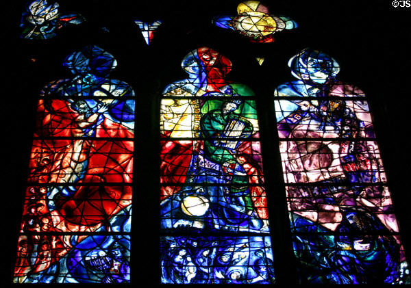 Red, blue, purple series of three stained-glass windows (1960) by Marc Chagall in Cathedral. Metz, France.