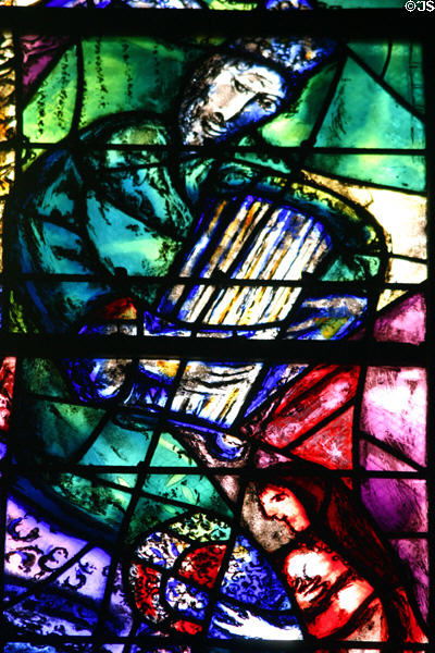 Detail of King David playing harp from stained-glass (rbp2) by Marc Chagall in Cathedral. Metz, France.