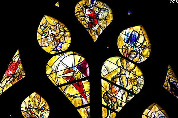 Detail of irregular upper windows from stained-glass (yellow) by Marc Chagall in Cathedral. Metz, France.