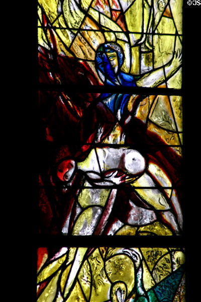 Detail of carried woman windows from stained-glass (y1) by Marc Chagall in Cathedral. Metz, France.