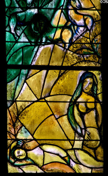 Detail of Adam & Eve windows from stained-glass (y2) by Marc Chagall in Cathedral. Metz, France.