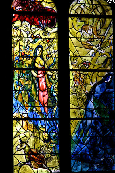 Detail of right two yellow windows from stained-glass (y3&4) by Marc Chagall in Cathedral. Metz, France.
