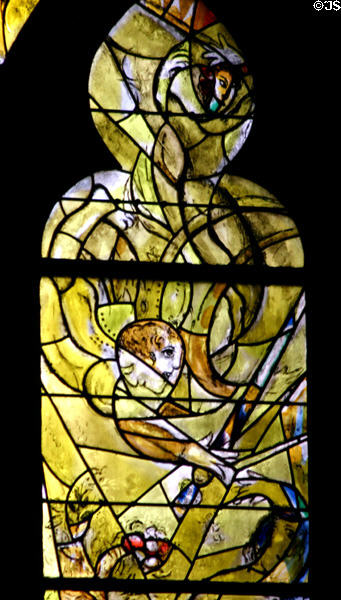 Detail of man with two faces windows from stained-glass (y4) by Marc Chagall in Cathedral. Metz, France.