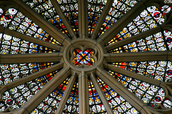 Detail of rose window stained-glass in Cathedral. Metz, France.