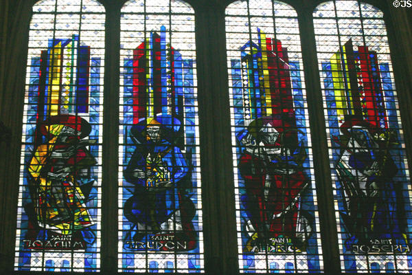 Modern stained-glass of saints Joachim, Trudo of Metz, Aldric of Metz & Joseph in Cathedral. Metz, France.