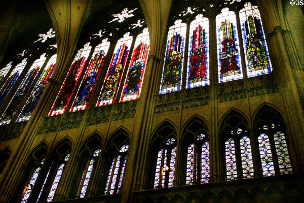 Range of modern stained-glass windows in Cathedral. Metz, France.