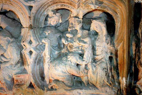 Glazed stone tiles (13th c) in Abbey church at Fontenay Abbey. Fontenay, France.