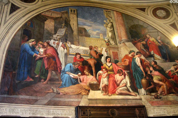 Mural of seven works of Misericorde (c1848) at Eglise Notre Dame de Pitie & St Elisabeth. Paris, France.