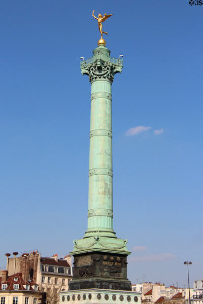 Monumental column at Place de la Bastille marking French Revolution of 1830 (aka July 27-29 Revolution) which caused overthrow of King Charles X & replacement by Louis Philippe as constitutional monarch. Paris, France.