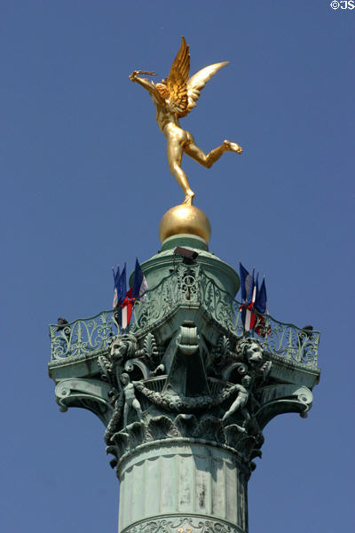 Génie de la Liberté (Spirit of Freedom) sculpture by Augustin-Alexandre Dumont atop July Column at Place de la Bastille. Paris, France.