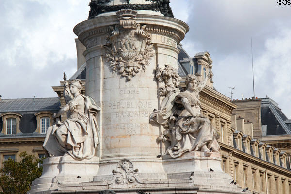 Equality & liberty symbols on base of French Revolution monument (1883) at Place de la République. Paris, France.