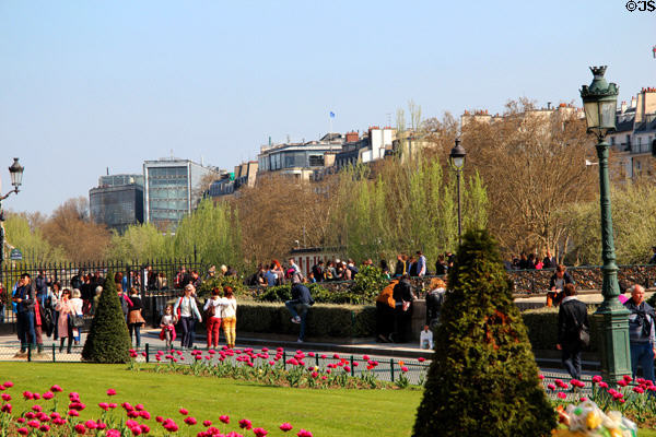 Park beside Notre Dame Cathedral at Isle de la Cité. Paris, France.