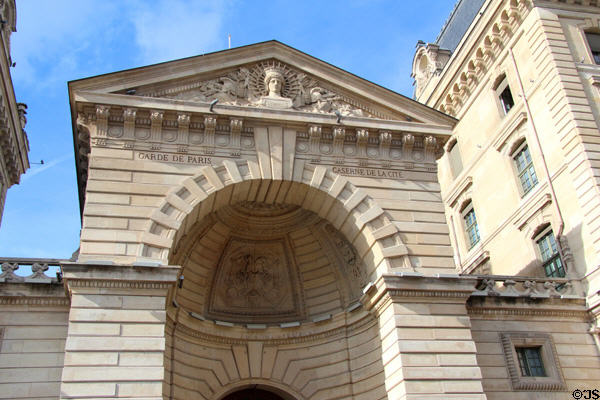 Entry arch of Paris city barracks (Caserne) attached to Cour de Cassation (on Isle de la Cité). Paris, France.