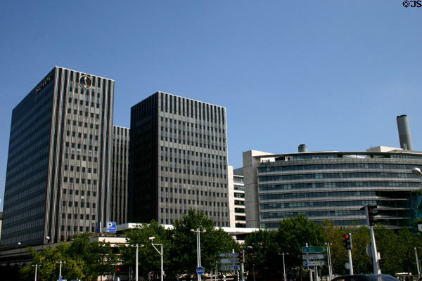 Modern office buildings near Gare de Lyon including curved RATP metro headquarters. Paris, France.