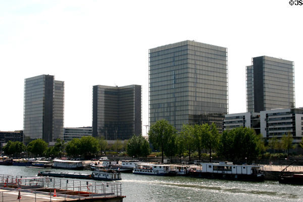National Library (1993-7) four towers seen from Seine. Paris, France. Architect: Dominique Perrault.