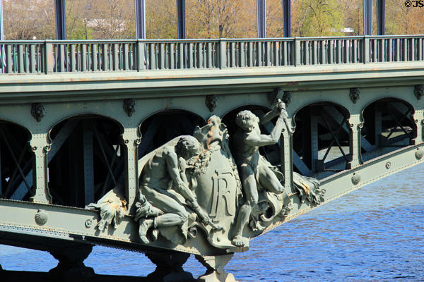 Blacksmith/Riveters sculpture (1905) by Gustave Michel fixed to side of Pont de Bir-Hakeim steel arch. Paris, France.