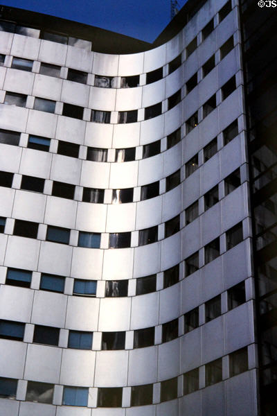 Curved section of facade of Radio France headquarters. Paris, France.