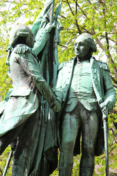 Monument to Lafayette & Washington shaking hands at United States Place (Place des Étais Unis). Paris, France.