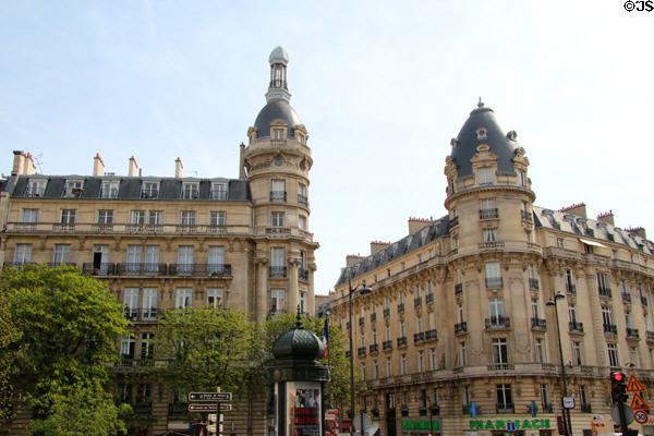 Residential buildings in 16th arrondissement with corner towers. Paris, France.
