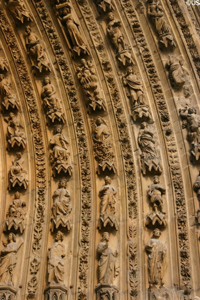 Carvings of saints on Cathedral facade. Reims, France.