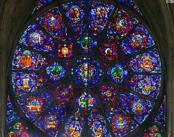 Virgin & child stained glass rose window in Cathedral. Reims, France.