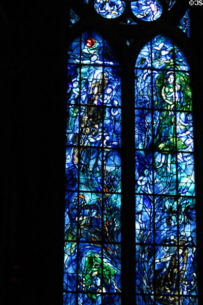 Stained glass window showing expectations of old Testament & triumphs by Marc Chagall in Cathedral. Reims, France.