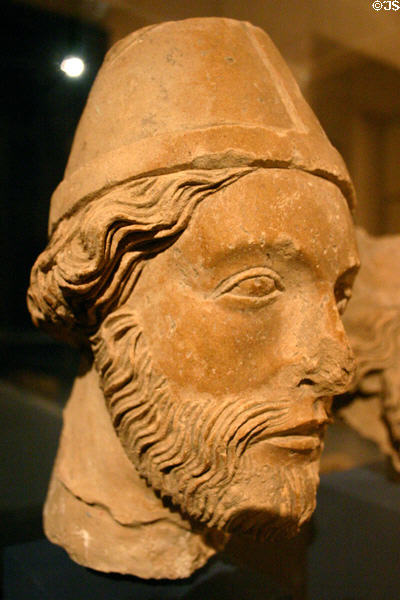 Sculpted head of a Pope (c1225) from rubble of Cathedral destroyed in WWI now in Tau Palace. Reims, France.