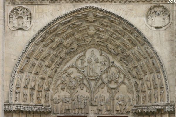 Gothic tympanum of St. Stephen's Cathedral. Sens, France.