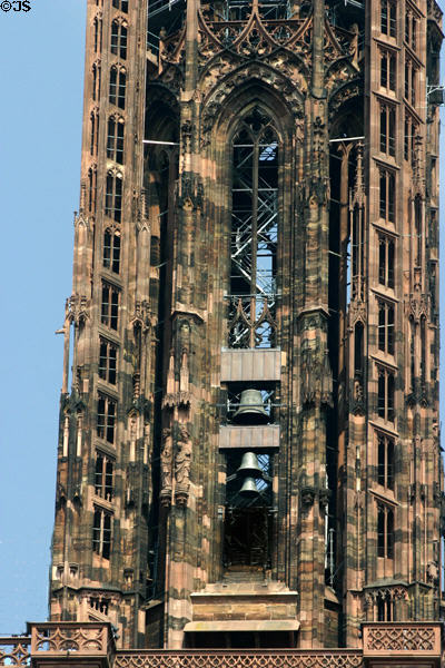 Cathedral tower (1399-1439) is 142m of open latticework. Strasbourg, France.