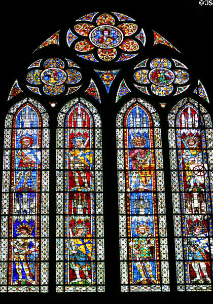 Stained glass portraits of kings & knights in Cathedral. Strasbourg, France.