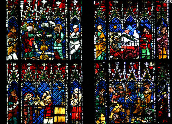 Stained glass nativity scenes in Cathedral. Strasbourg, France.